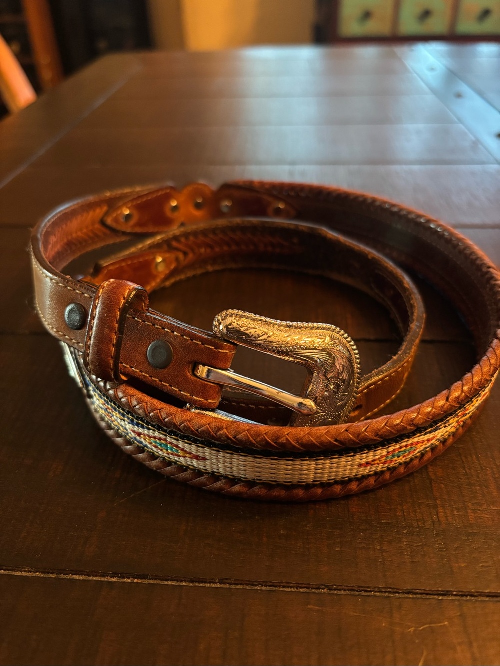 Justin Boots Brown Leather Braided Belt with Silver Buckle